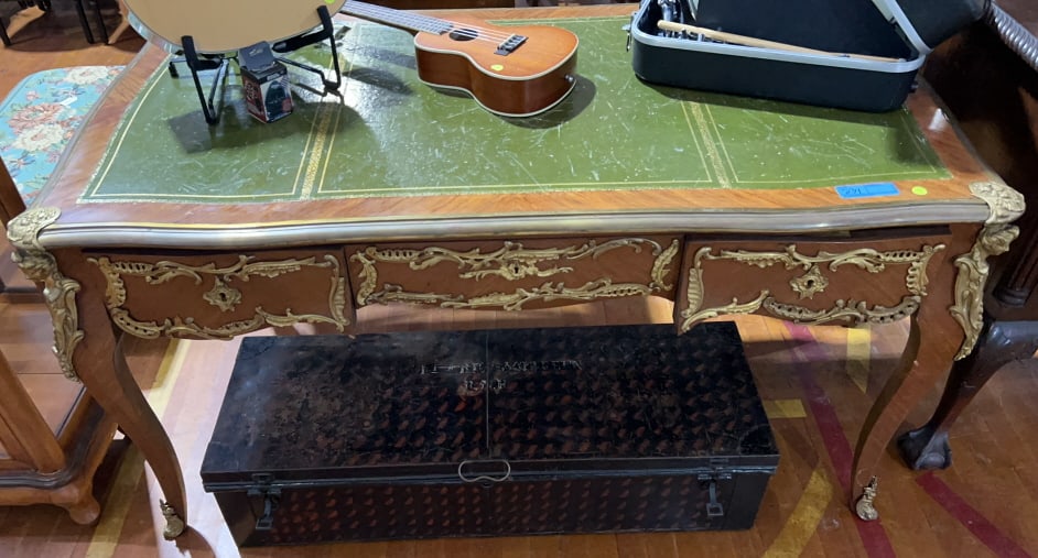 LEATHER TOP FRENCH DESK W/BRASS ARMOLU (1 of 6)