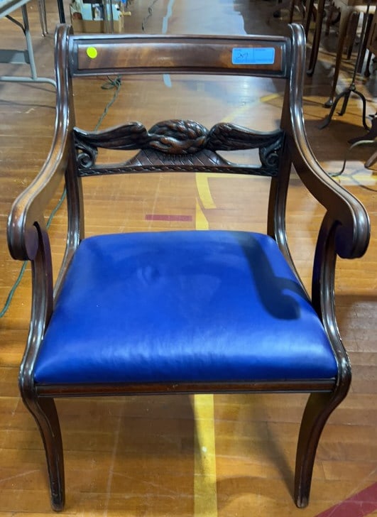 EAGLE CARVED MAHOGANY ARM CHAIR: 35" X 24" X 24"