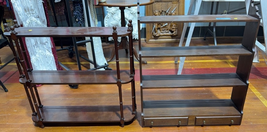 2 MAHOGANY WALL SHELVES: 29" X 34" X 9"