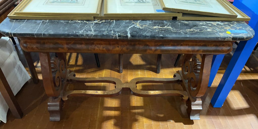 ANTIQUE BLACK MARBLE TOP HALL TABLE (REPAIR TO MAR (1 of 4)