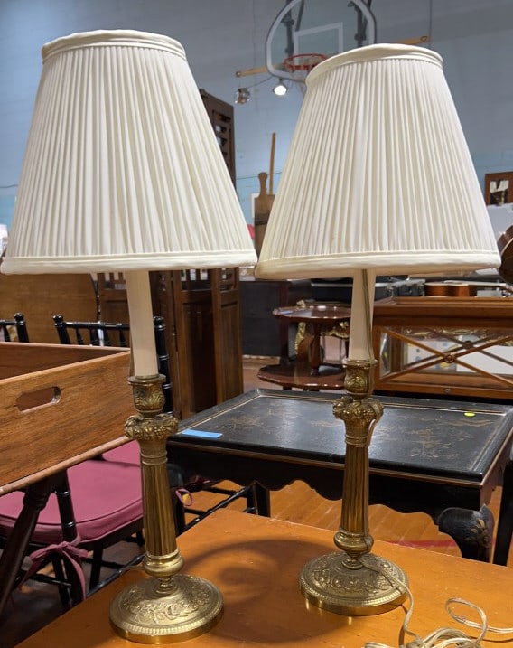 PAIR OF BRASS DECORATED CANDLESTICK LAMPS (1 of 3)