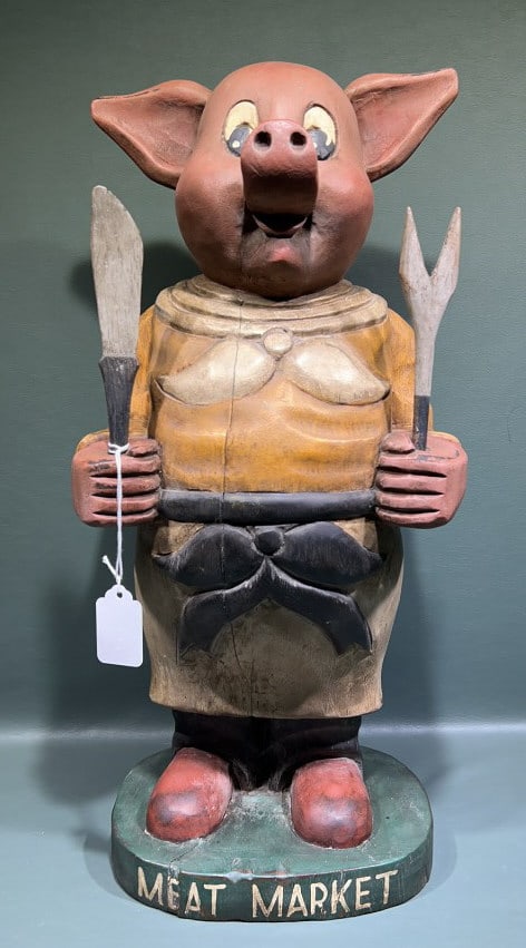 FOLK ART "MEAT MARKET" CARVED WOODEN PIG SIGN (1 of 5)
