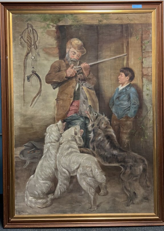 LARGE "PAINTING OF HUNTER" ON FABRIC: 80" X 57"