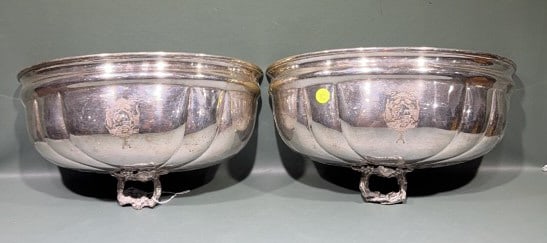 PAIR OF SILVER PLATE HANGING WALL URNS: 14" X 8" X 5"