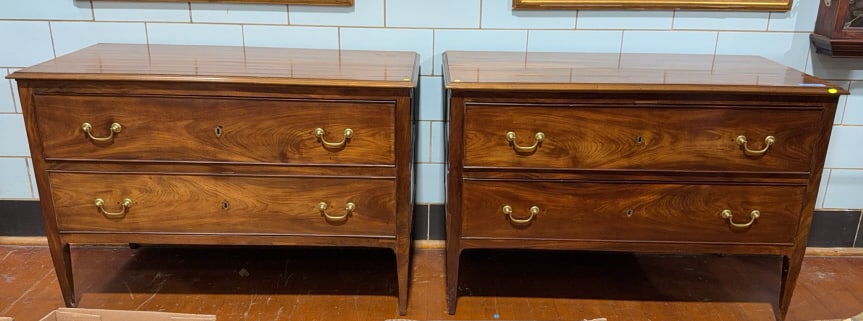 PAIR OF CONTINENTAL MAHOGANY 2 DRAWER DRESSERS: 54" X 26" X 36-1/2"