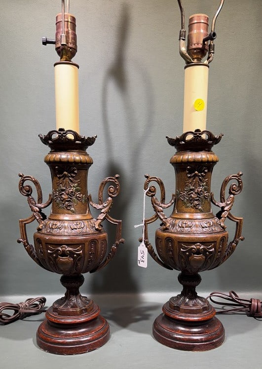 PAIR OF BRONZE URN TABLE LAMPS: 31"