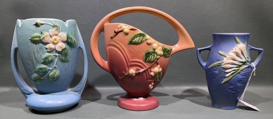 3 VARIOUS ROSEVILLE VASES: 8-1/2" X 9"