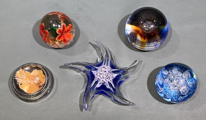 5 VARIOUS HAND BLOWN PAPERWEIGHTS: ~
