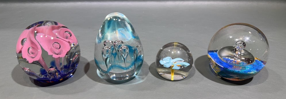 4 VARIOUS HAND BLOWN PAPERWEIGHTS: ~