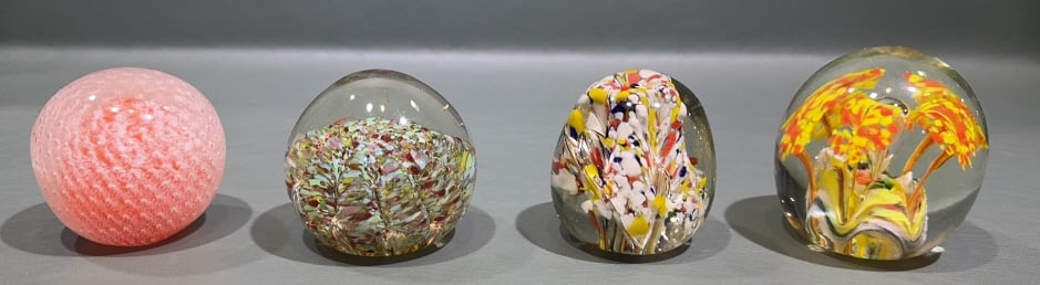 4 VARIOUS HAND BLOWN PAPERWEIGHTS: ~