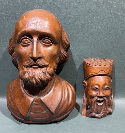 CARVED WOODEN SHAKESPEARE HEAD & ASIAN HEAD: 7" X5"