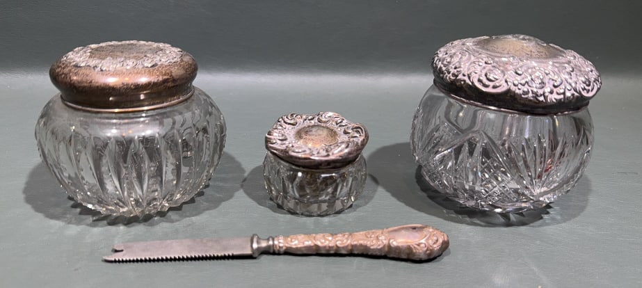 DRESSER JARS W/ STERLING LIDS: 3" X 4"