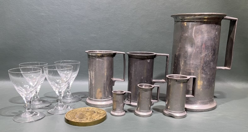 SET OF PEWTER MEASURES AND STEMWARE LOT (1 of 4)