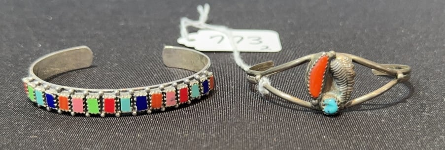 2 NATIVE AMERICAN STERLING & TURQUOISE BANGLES: ~