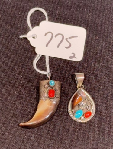 2 NATIVE AMERICAN STERLING & BEAR CLAW PENDANTS: ~