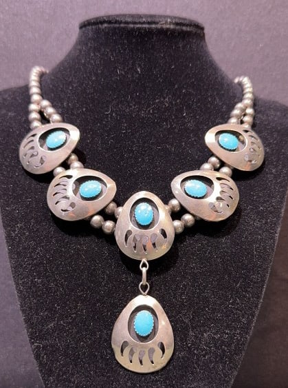 STERLING & TURQUOISE BEAR CLAW NECKLACE: ~