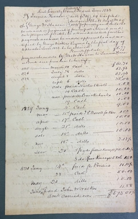 1833 KENT COUNTY MD COURT PAPERS & EPHEMERA LOT: KENT COUNTY COURT MARCH TERM 1833, 1870’s KENT COUNTY CHECK, 1878 INVOICE,