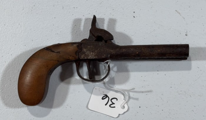 ANTIQUE DOUBLE BARREL PERCUSSION PISTOL: ~