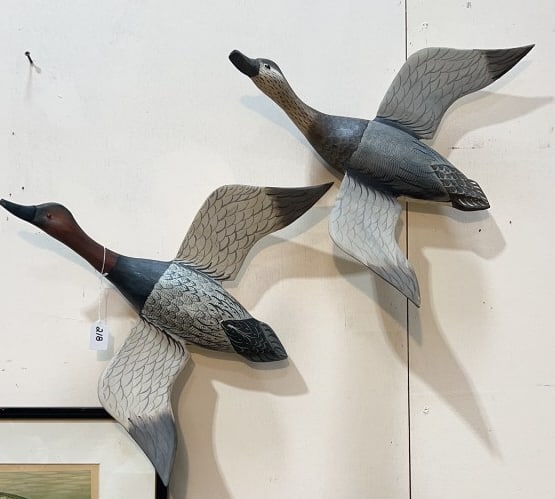 PAIR OF JIMMY BOWDEN FULL SIZE FLYING CANVASBACKS: 18" X 20" EACH