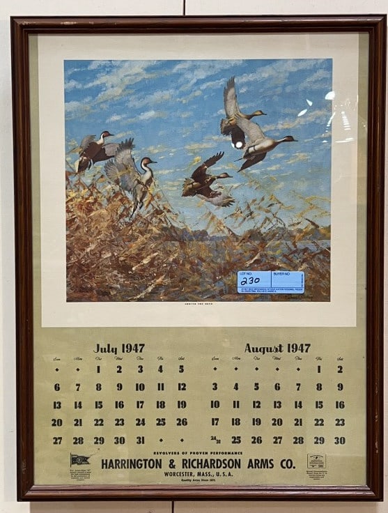 HARRINGTON & RICHARDSON ARMS CO. 1947 CALENDER: FRAMED 24" X 18-1/2"
