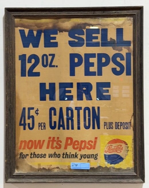 VINTAGE 1950'S PEPSI ADVERTISING SIGN FRAMED: 25" X 31"