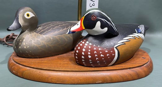 PAIR OF MINI WOOD DUCKS ON LAMP