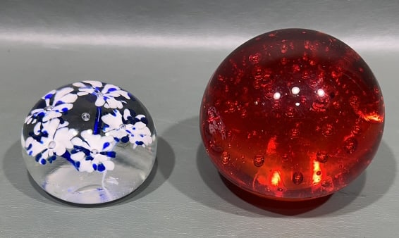 1 FLORAL PAPERWEIGHT & 1 RED GLASS PAPERWEIGHT: ~
