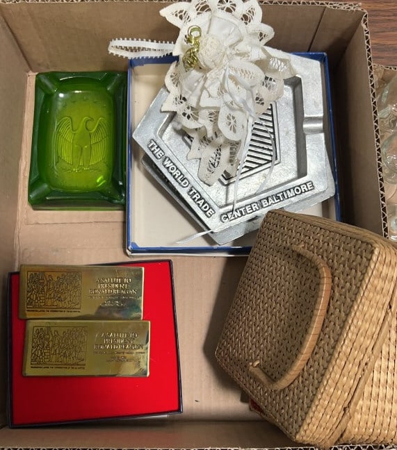 RONALD REAGAN BRONZE BARS, TRADE CENTER ASHTRAYS: CANDLESTICKS 7" X 7" X 5"