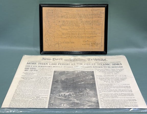 TITANIC NEWSPAPER & 1943 NAVY SHELLBACK: PAPER IS 12" X 19"
