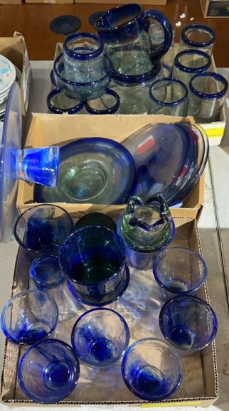 COLLECTION OF BLUE DISHES & GLASSES: 11" X 3"