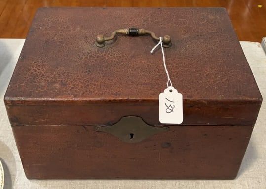 ANTIQUE BOX W/ HANDLE W/ SOME ANTIQUE GUN PARTS: 12-1/2" X 8-1/2" X 7"