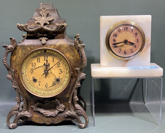 ANTIQUE METAL MANTEL CLOCK & MARBLE CLOCK (1 of 7)