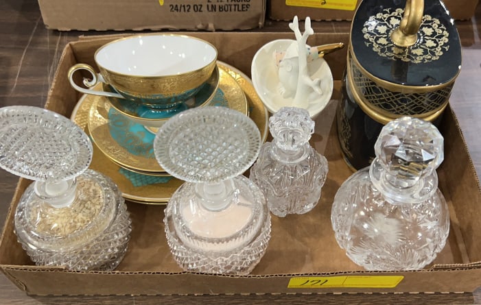 CUT GLASS BOTTLES & DISH LOT: 6" X 6" X 4"