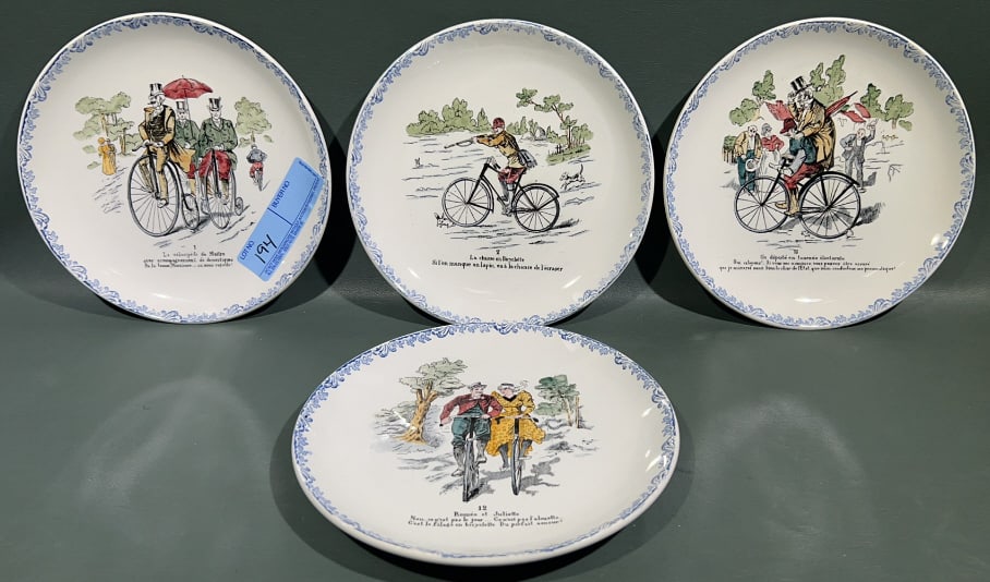 4 ANTIQUE FRENCH SATIRICAL BICYCLE PLATES: 8"