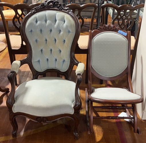 VICTORIAN GENTLEMANS CHAIR & FOLDING ROCKER: 40" X 26" X 36"