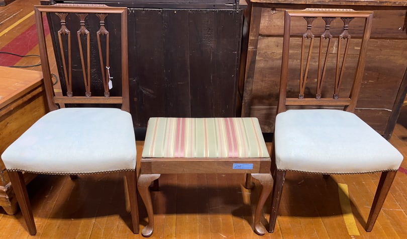PAIR OF MAHOGANY HEPPLEWHITE SIDE CHAIRS & STOOL (1 of 8)