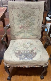 MAGHOGANY NEEDLEPOINT OPEN ARM CHAIR