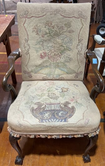 MAGHOGANY NEEDLEPOINT OPEN ARM CHAIR: 40" X 26" X 27"