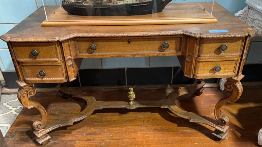ANTIQUE OAK CARVED DESK: 50" X 25" X 29-1/2"