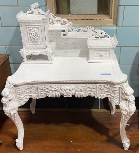 CARVED ORIENTAL PAINTED DESK: 50" X 45" X 30"