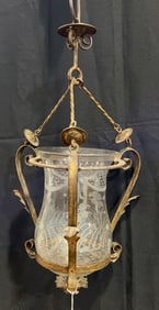 ANTIQUE ETCHED GLASS & IRON CHANDELIER