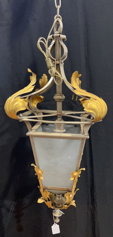 IRON CHANDELIER W/ GLASS SHADES: 27" X 12"