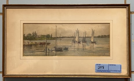 FRAMED WATERCOLOR OF A HARBOR SCENE & SAILBOATS