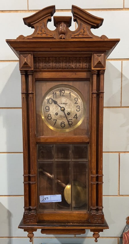 J. HUMBURT MACON WALNUT LEADED GLASS WALL CLOCK (1 of 7)