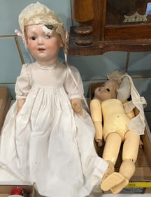 2 BISQUE HEAD DOLLS (1 DAMAGED)