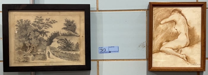 EARLY DURHAM CT. ETCHING & NUDE DRAWING