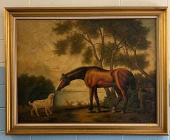 LG CONTEMPORARY OIL ON CANVAS OF HORSE & DOG
