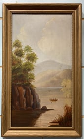 FRAMED ORIENTAL OIL ON BOARD OF A LAKE SCENE