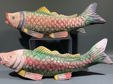 PAIR OF CARVED WOODEN THAI FISH