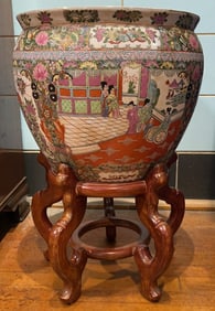 LARGE CHINESE FISH BOWL ON STAND